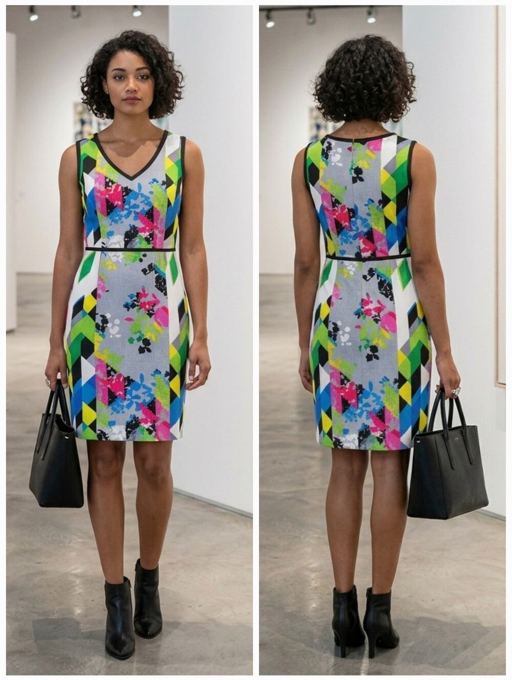 NWT Nine West Neon Geo Abstract Empire Waist Shift Dress Size 10 Retro Art Deco